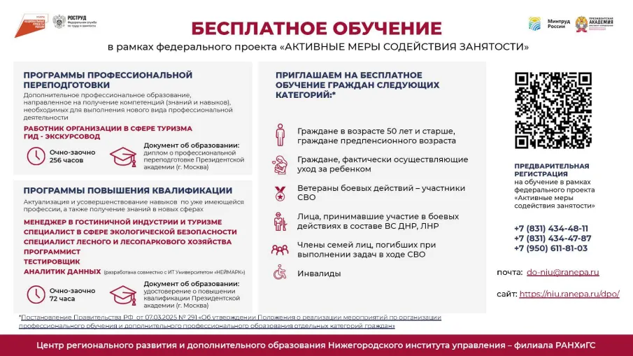 Нижегородский институт управления – филиал РАНХиГС проводит бесплатное обучение в рамках нацпроекта «Кадры»
